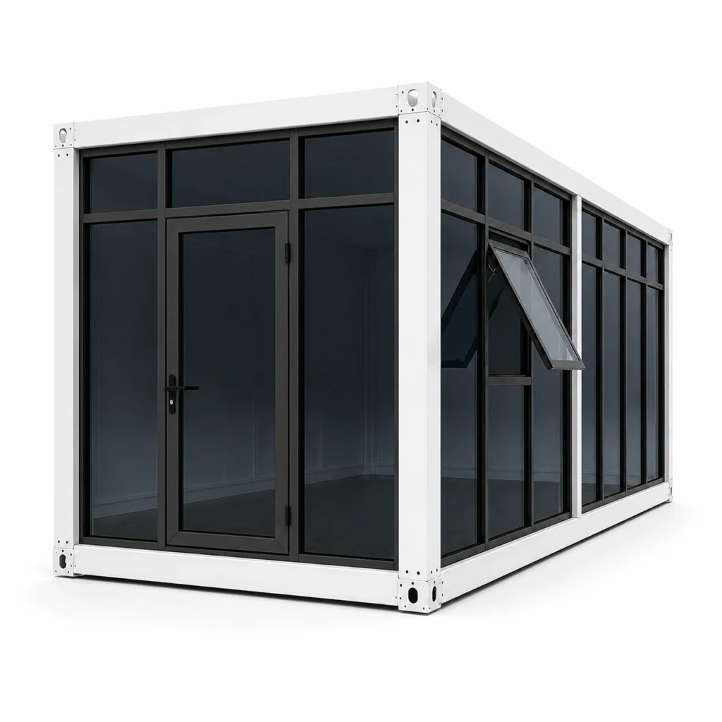 Container office with white frame and black glazing, left 45-degree view