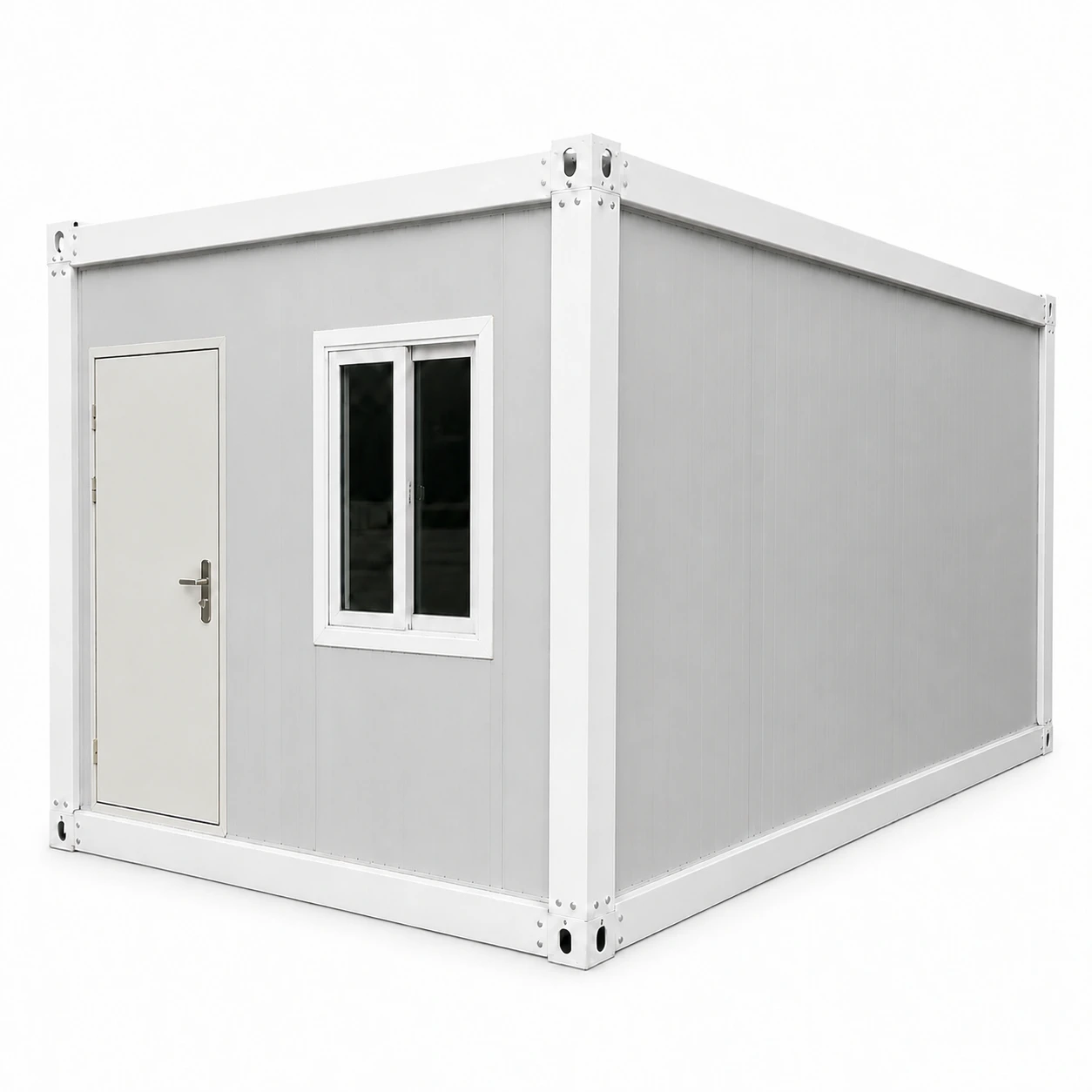 Detachable container house in light gray, left 45-degree view
