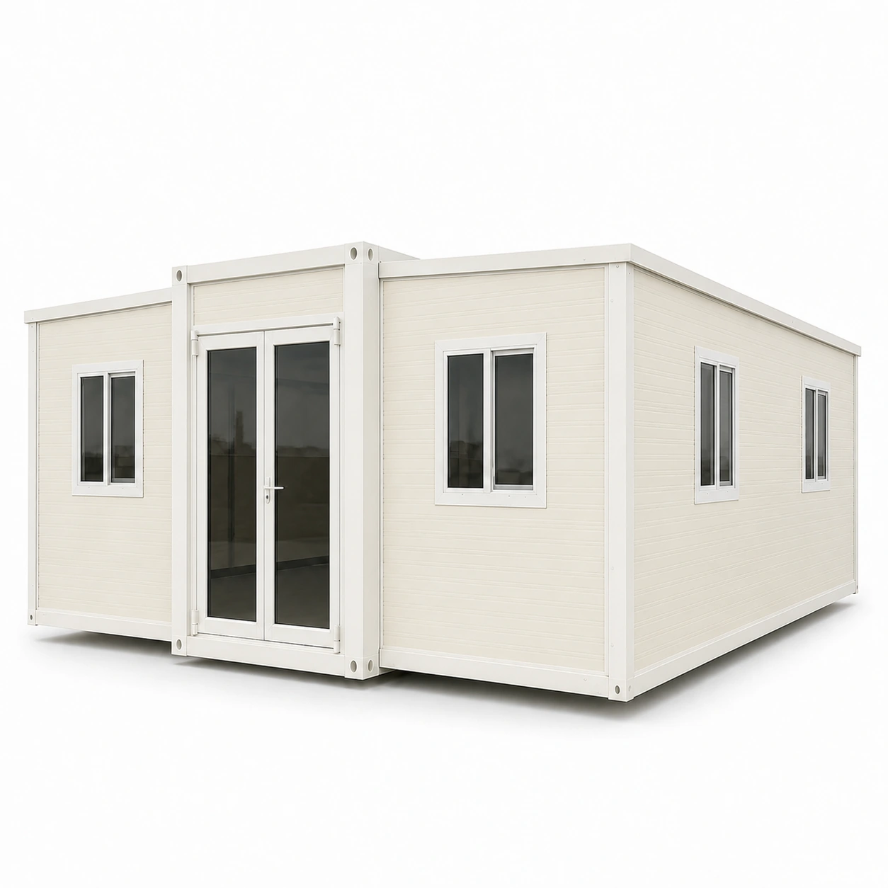 Expandable container house in ivory, left 45-degree view
