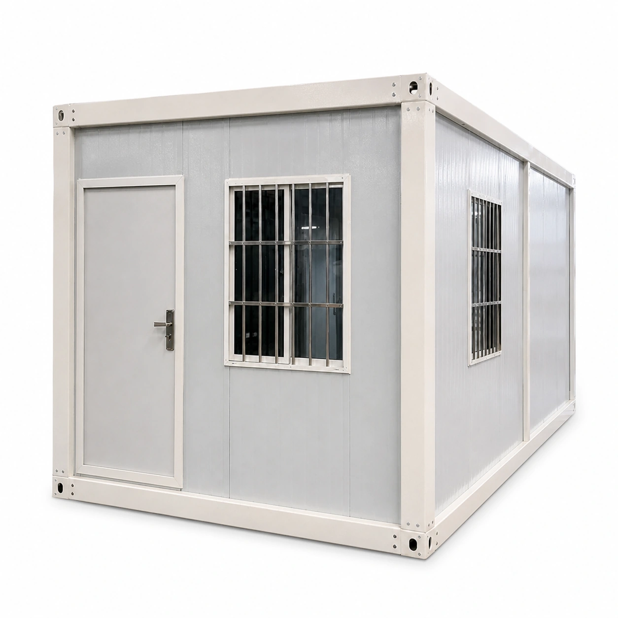 Flat pack container house in light gray, left 45-degree view