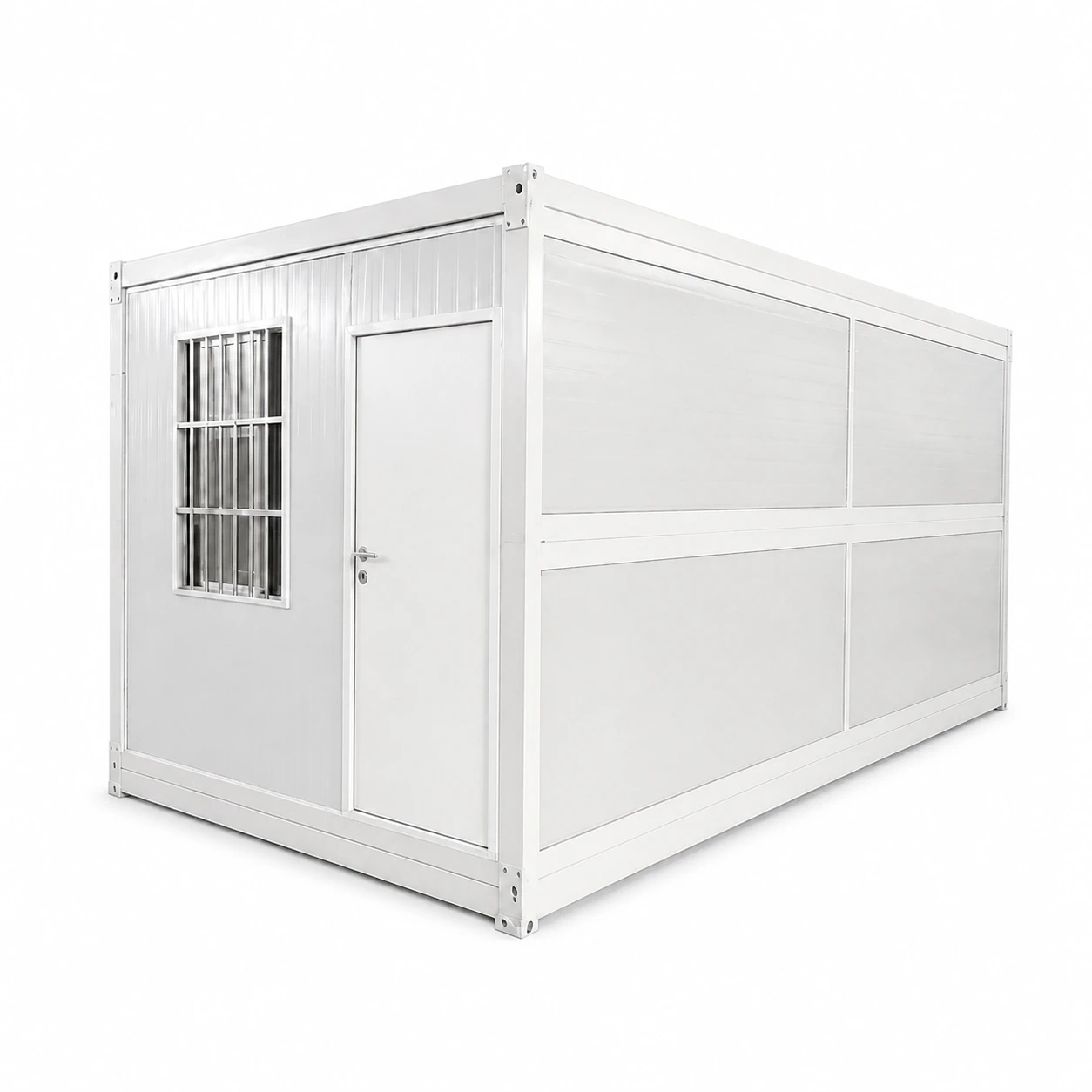 Folding container house in white and light gray, left 45-degree view