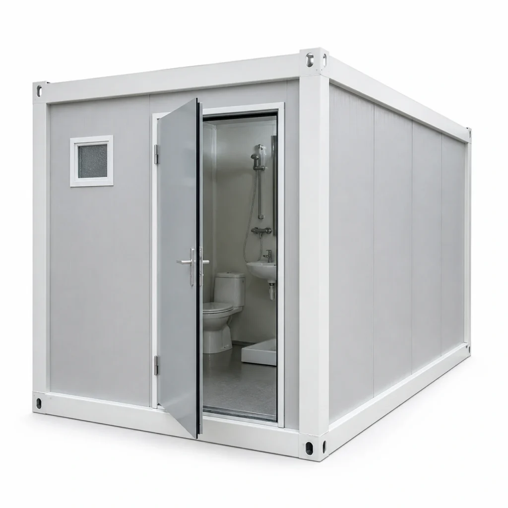 Portable bathroom module in light gray, left 45-degree view