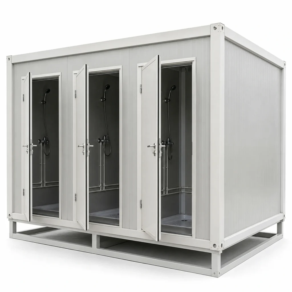 Portable shower unit in light gray, left 45-degree view