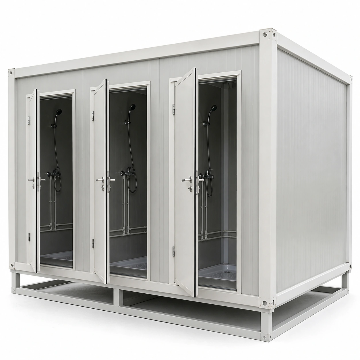 Portable shower unit in light gray, left 45-degree view
