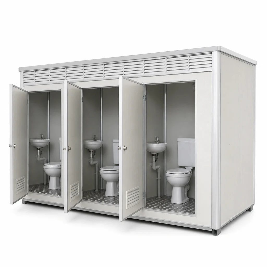 Portable toilet unit in white, left 45-degree view