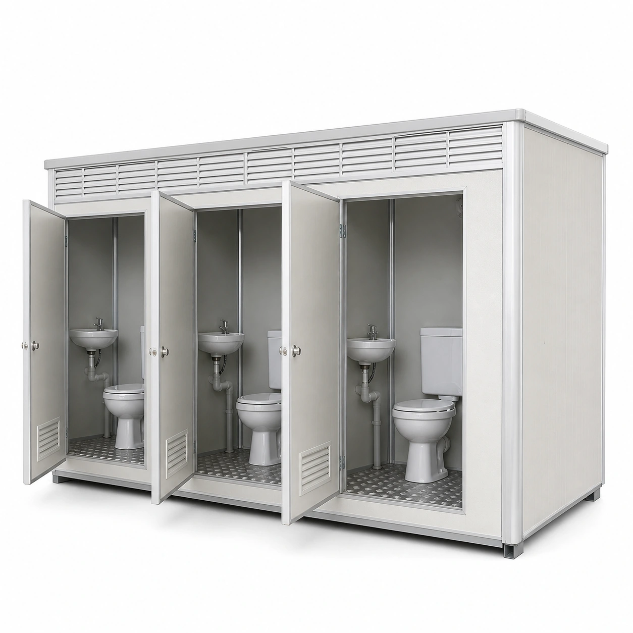 Portable toilet unit in white, left 45-degree view