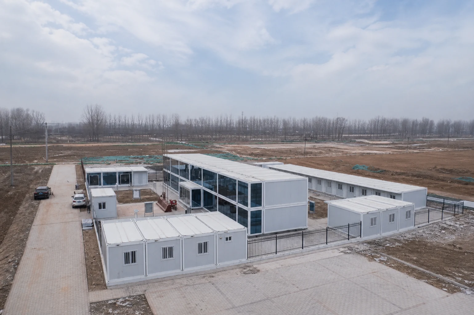 Construction site office complex, aerial view