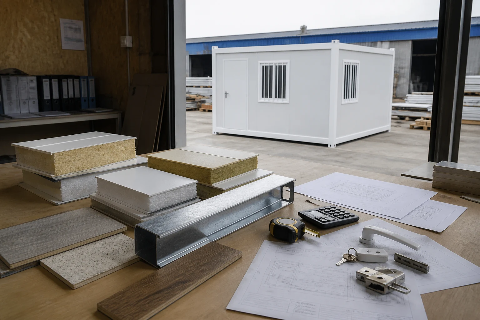 Container house material samples prepared for project cost planning