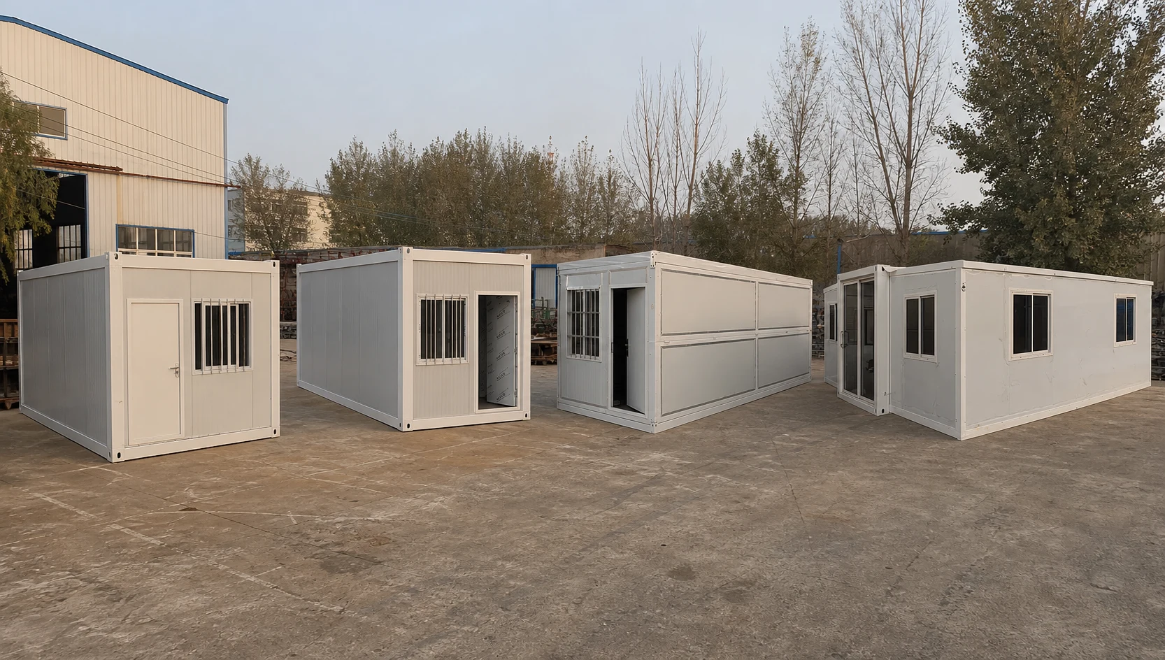 Prefab and modular container house product range in a factory yard