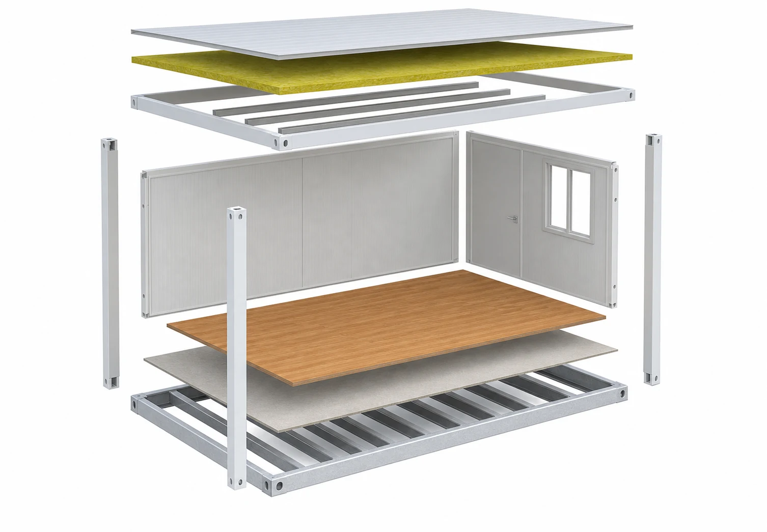 Exploded view of detachable container house frame and materials