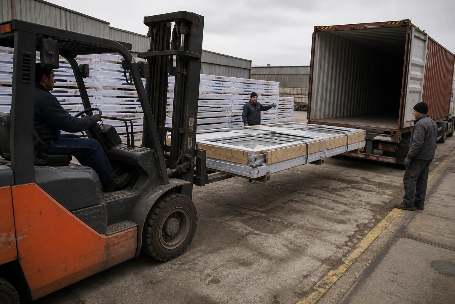 Forklift loading flat pack container house components for shipment