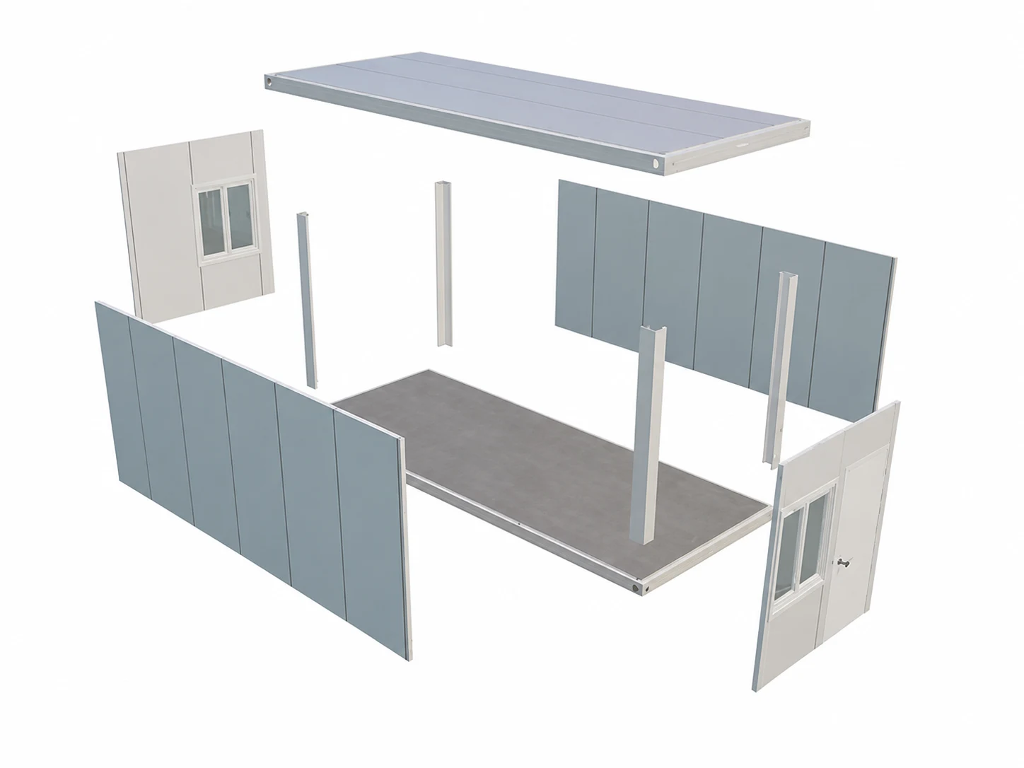 Exploded view of flat pack container house components