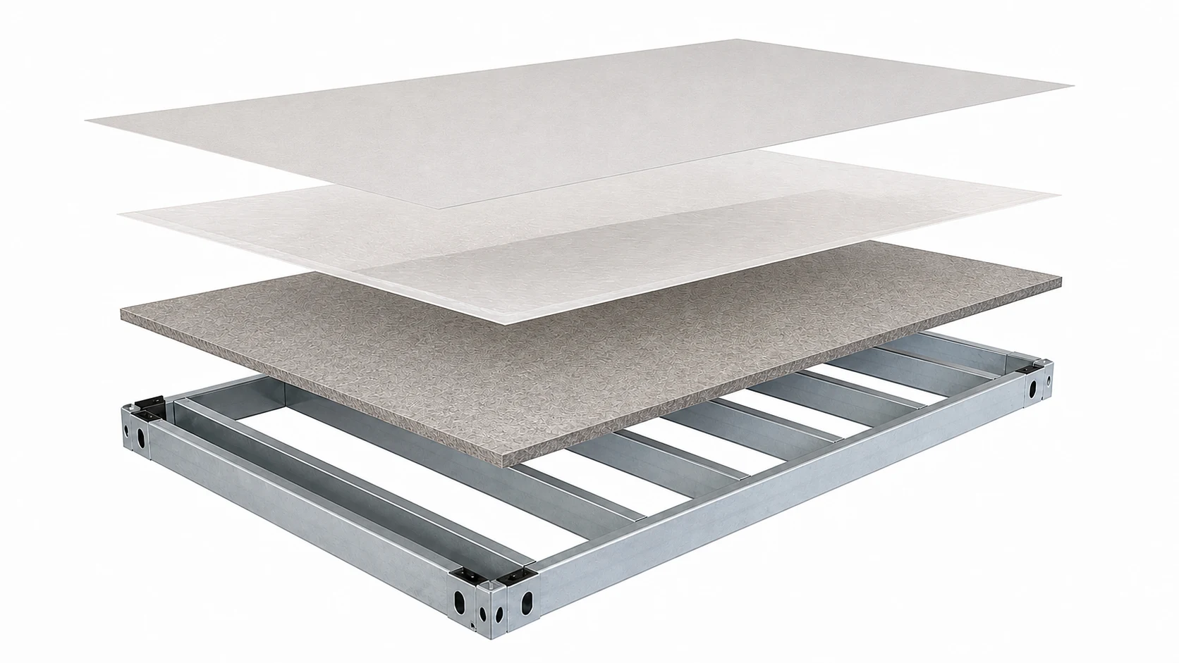 Exploded view of flat pack container house floor layers