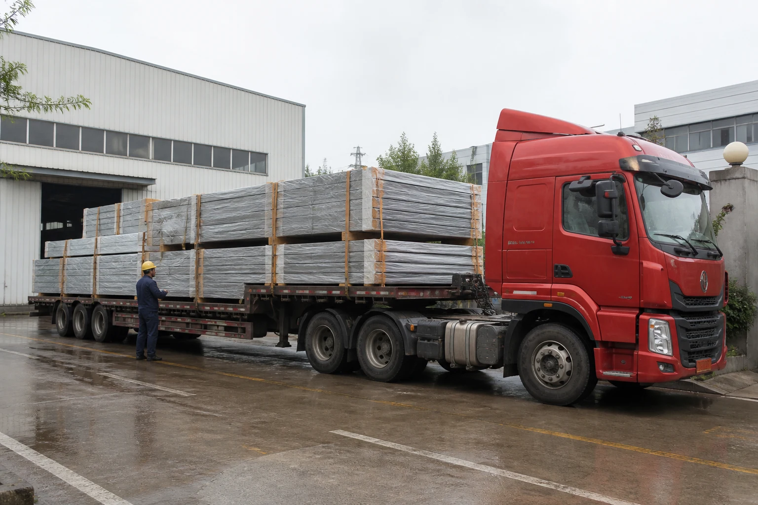 Flat pack container house components prepared for truck transport