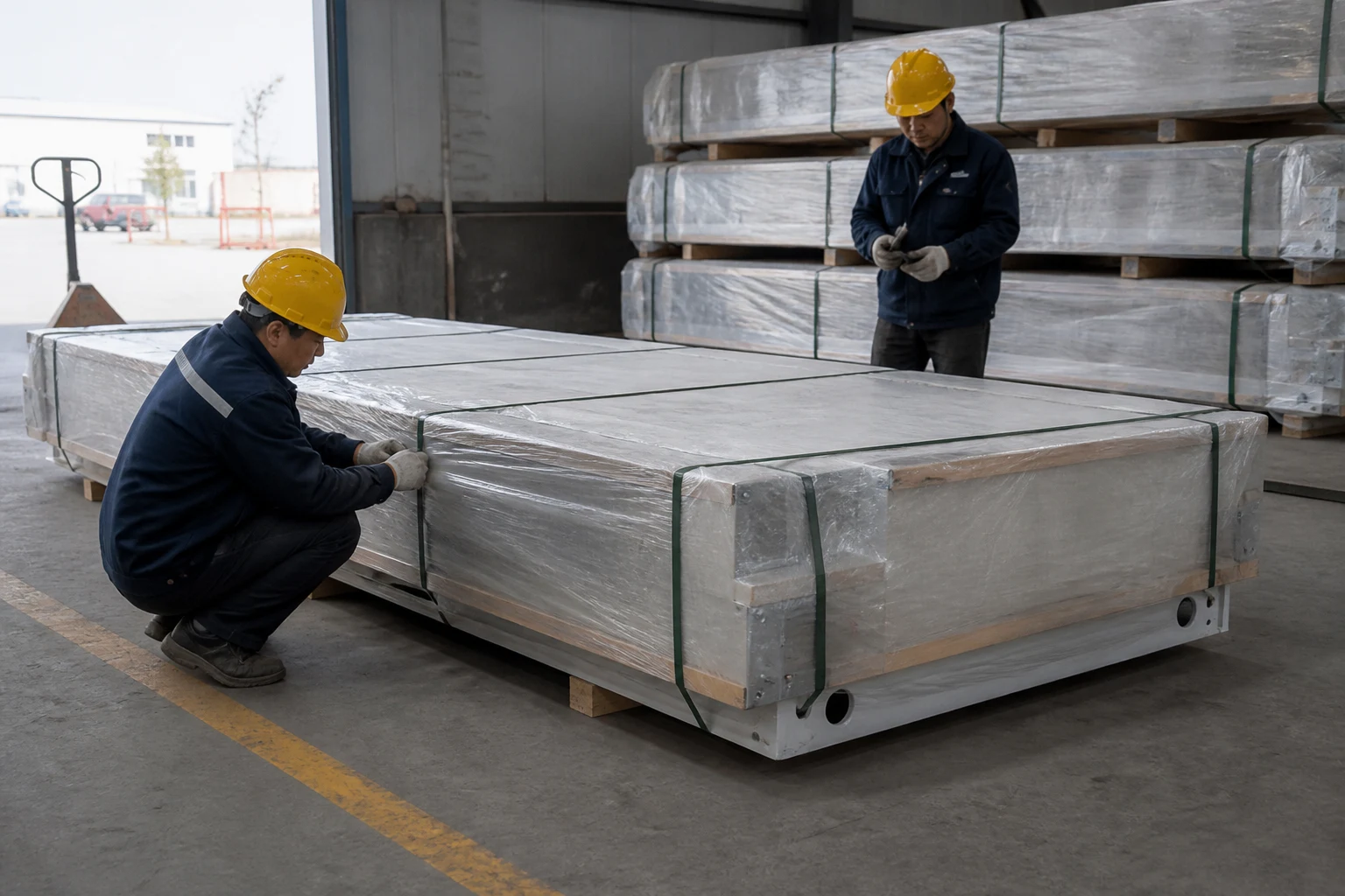 Workers wrapping flat pack container house components in the workshop