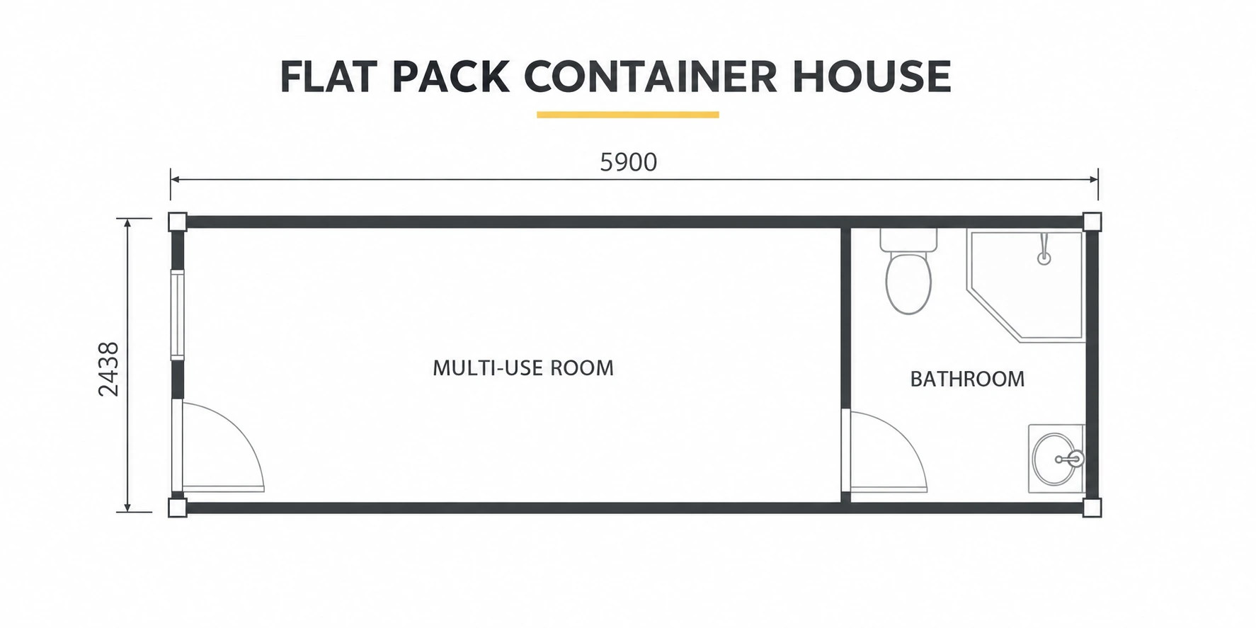 Flat pack container house floor plan, 5900 by 2438 mm, with a multi-use room and bathroom