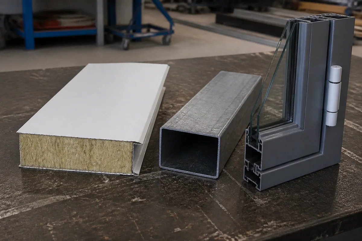 Insulated panel samples and steel profiles for building specification review