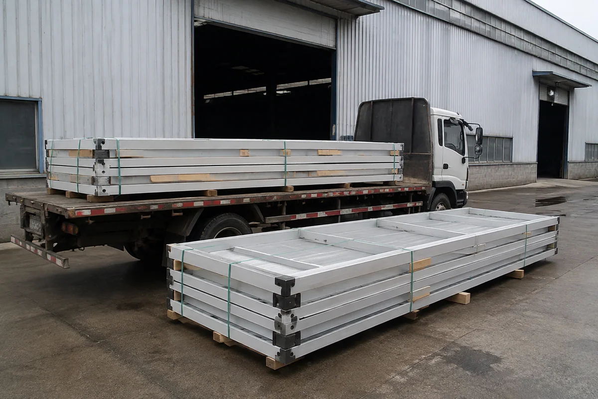 Protected flat-pack modules prepared for transport beside a delivery truck