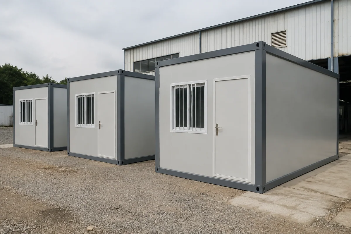 Container house systems in a practical modular building yard
