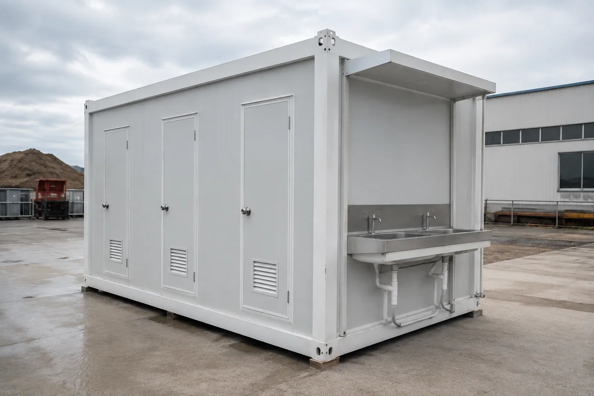 Portable sanitation module with separate doors and handwashing facilities