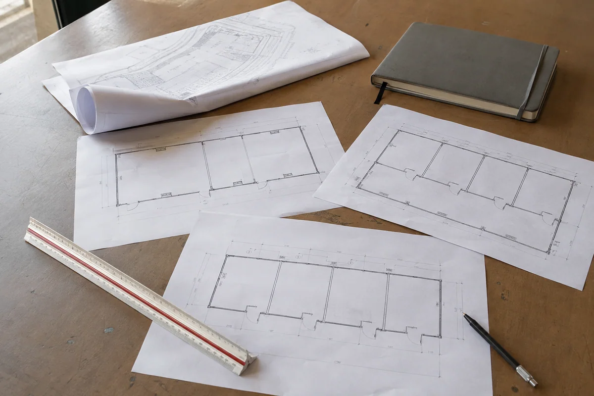 Modular building layout drawings and project planning materials on a desk