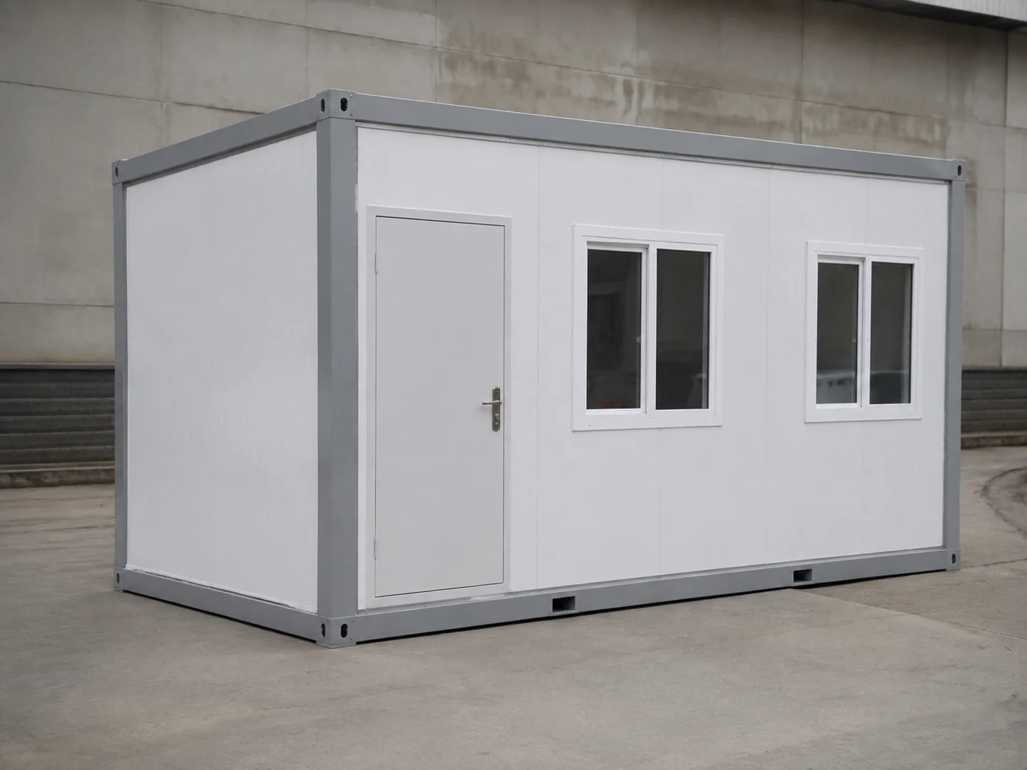 Illustrative assembled flat pack container house with panel walls, a door and windows