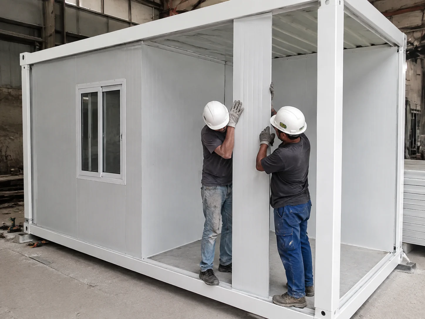 Illustrative fitting of a wall panel into a modular building frame