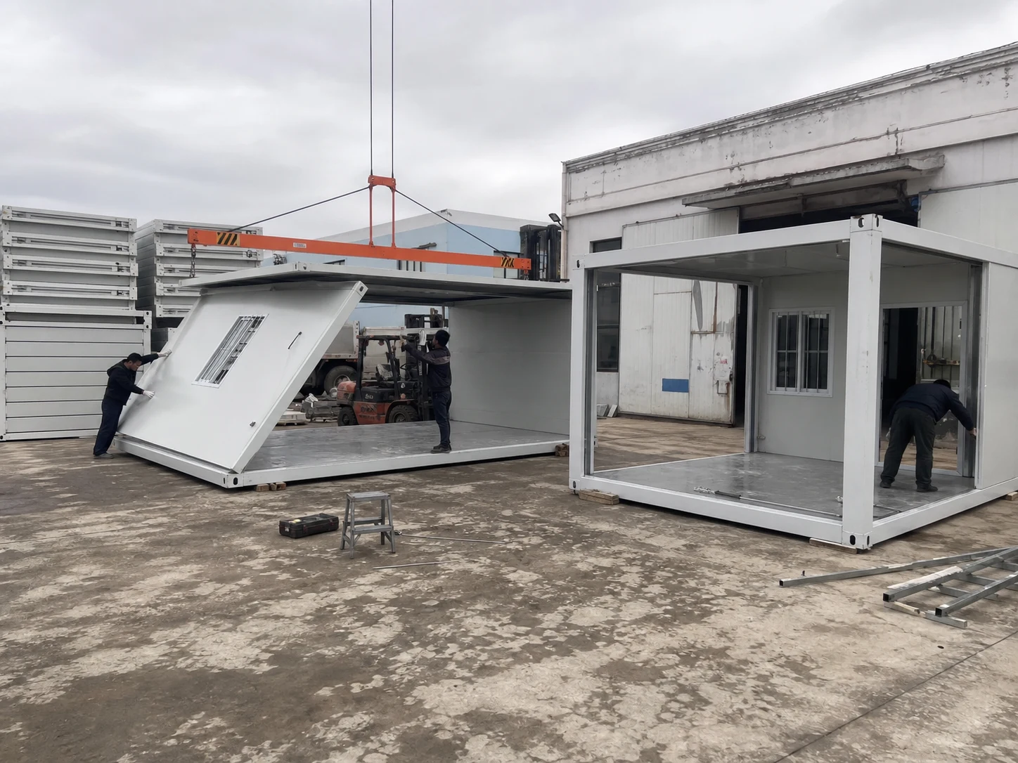 Workers assembling a folding container house at the PQSE factory