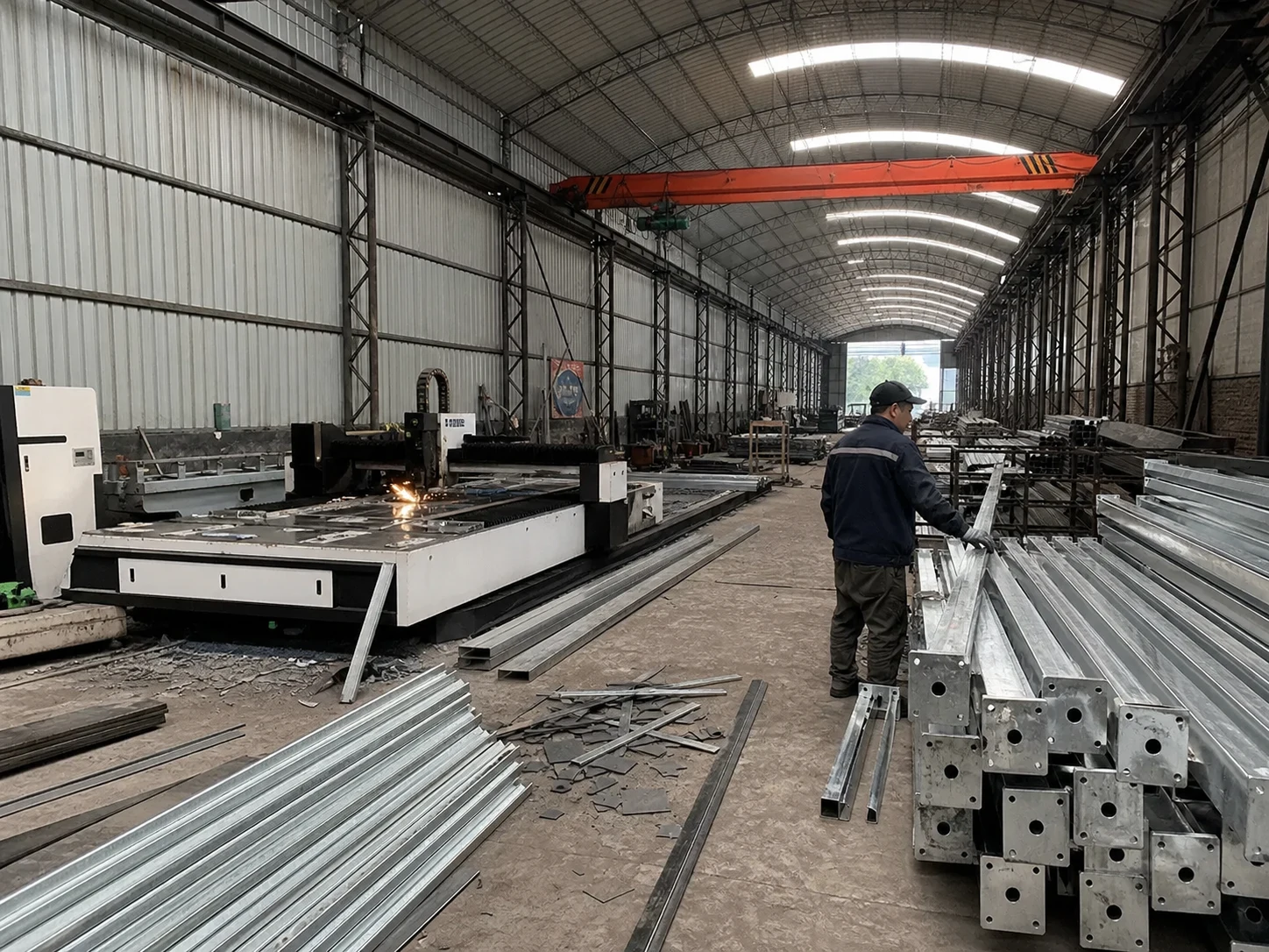 Galvanized steel frame production and cutting in a prefab building factory