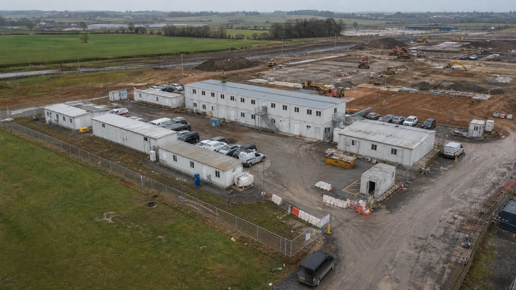 Aerial view of a modular construction site office camp