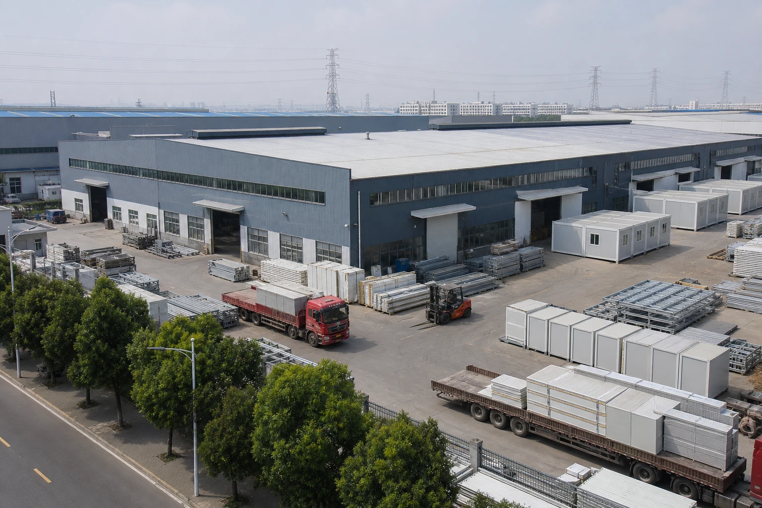 PQSE modular building factory exterior, aerial view