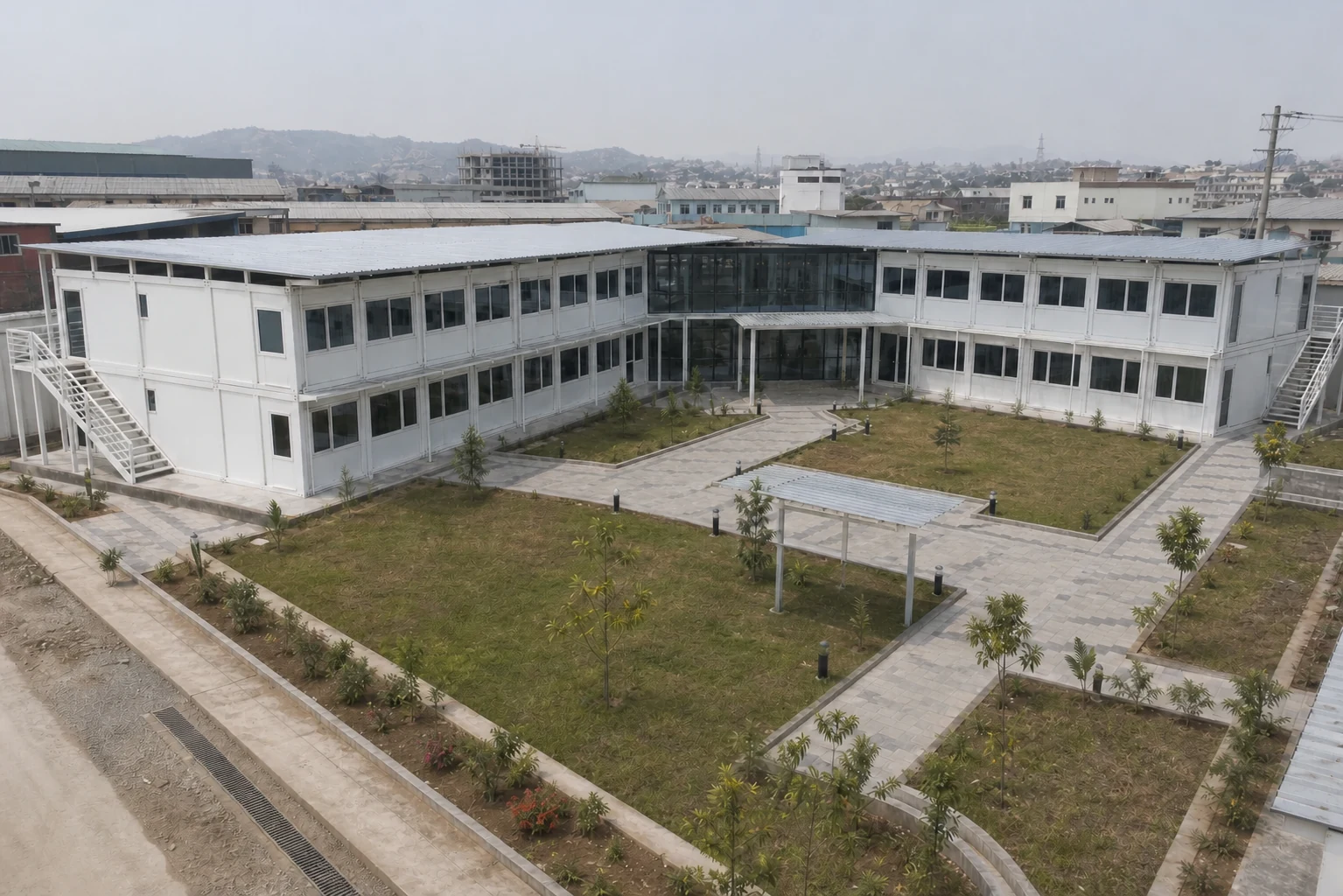 Modular hotel rooms complex, aerial view