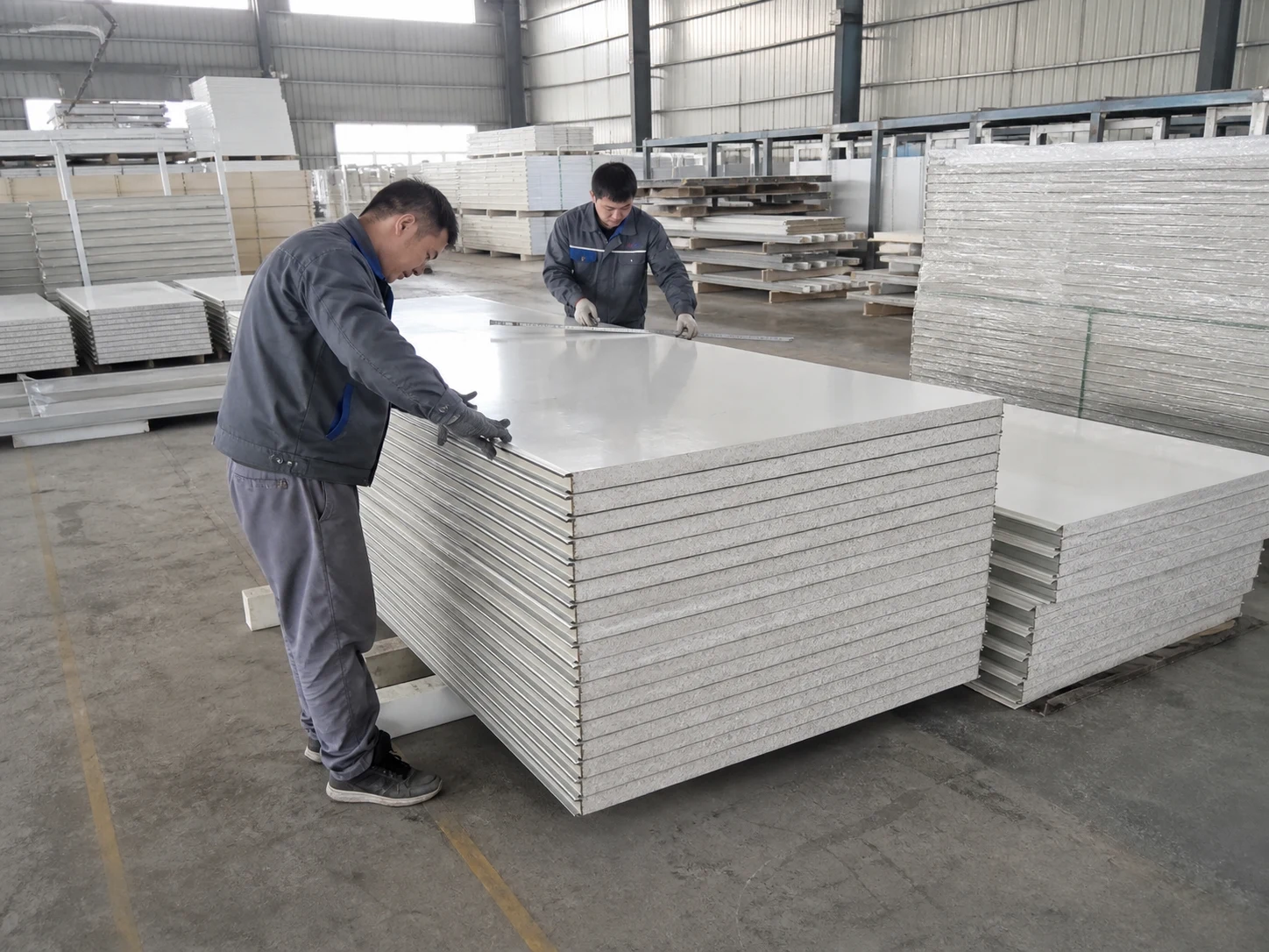 Workers inspecting sandwich panels in a prefab building factory