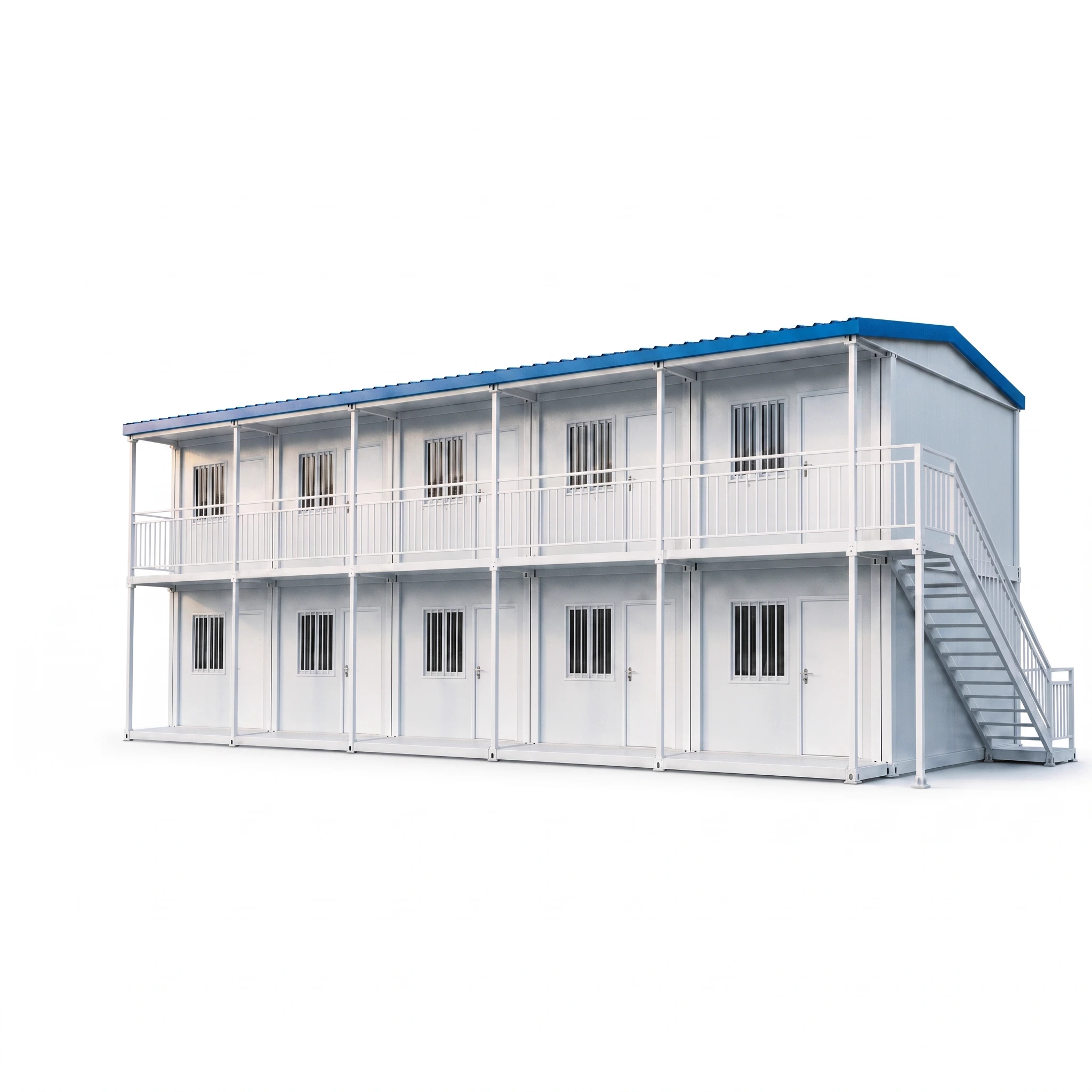 Prefab K house with white walls and blue roof, left 45-degree view