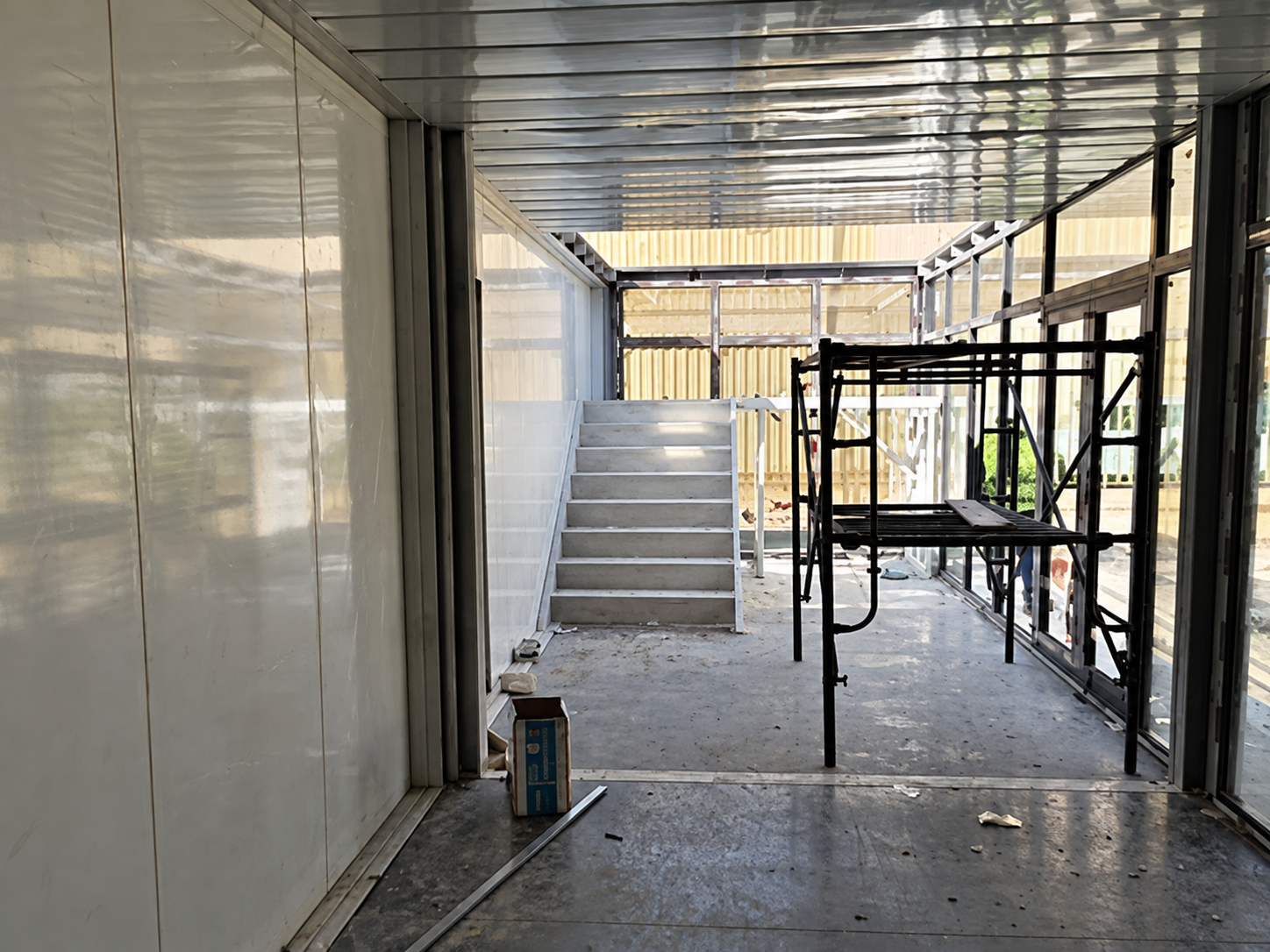 Internal corridor and stair area during fit-out of the Riyadh modular office