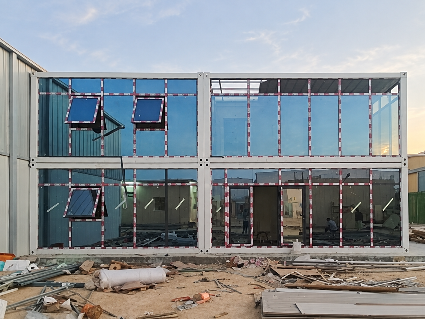 Front elevation of the Riyadh modular container office with glazing in progress