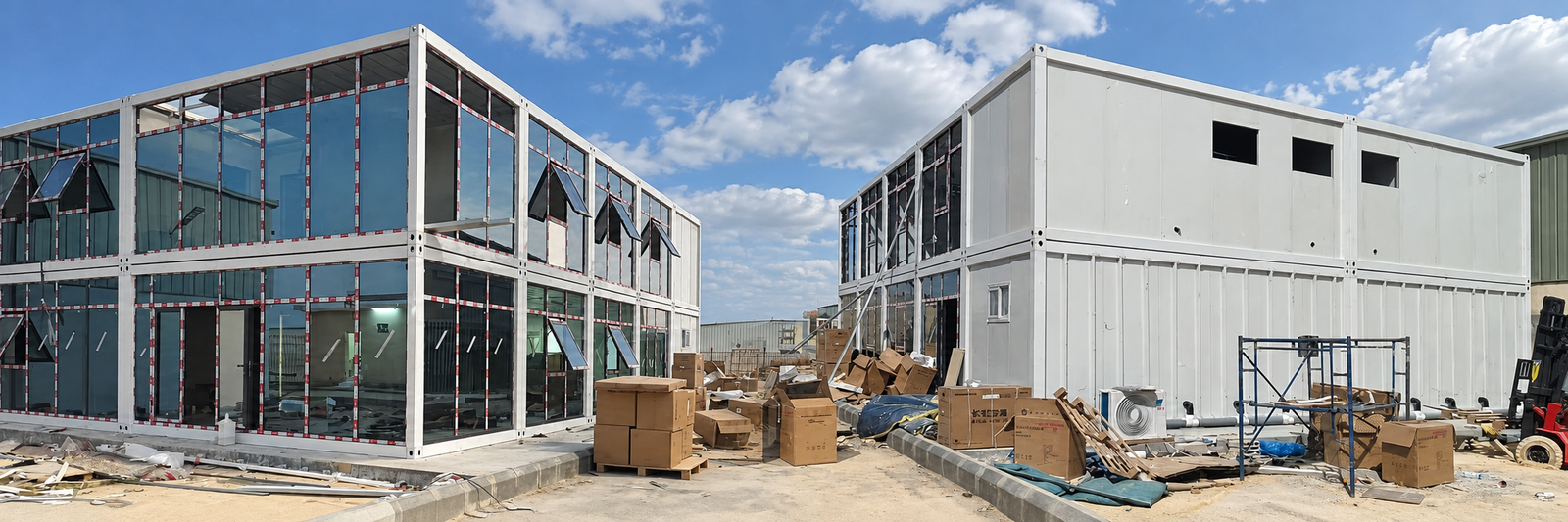 Two-storey modular office beside an industrial workshop in Riyadh during site assembly