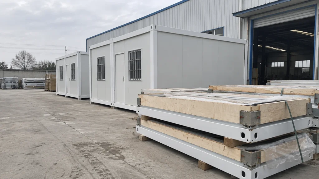 Illustrative factory yard with prefab container offices and packed building components