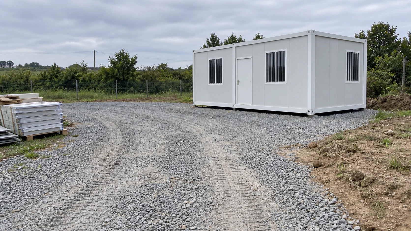Illustrative gravel access area beside a prefab site office