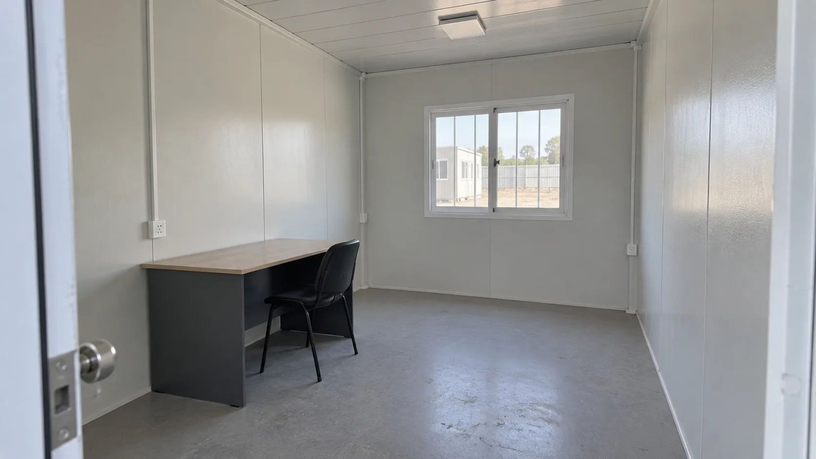 Illustrative compact lined office interior showing furniture and clear walking space