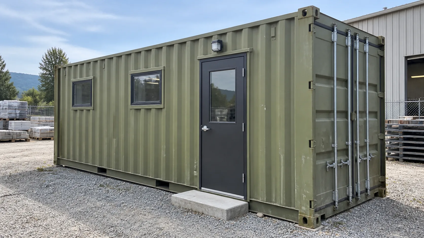 Illustrative converted freight-container office with corrugated walls and original end doors
