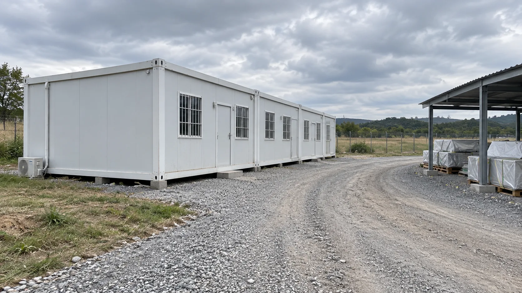 Illustrative gravel delivery lane and covered storage area beside a prefab office