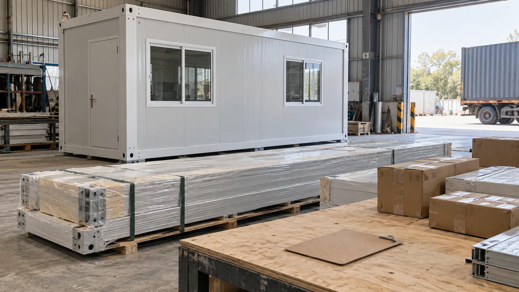 Illustrative factory dispatch bay with protected components and accessory cartons