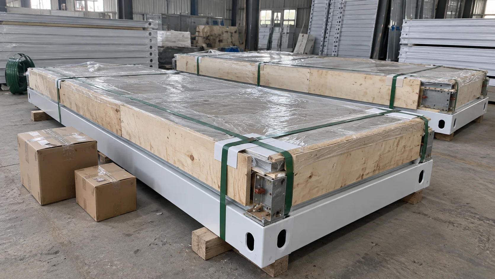 Illustrative factory packing with protected flat-pack components, straps and accessory cartons