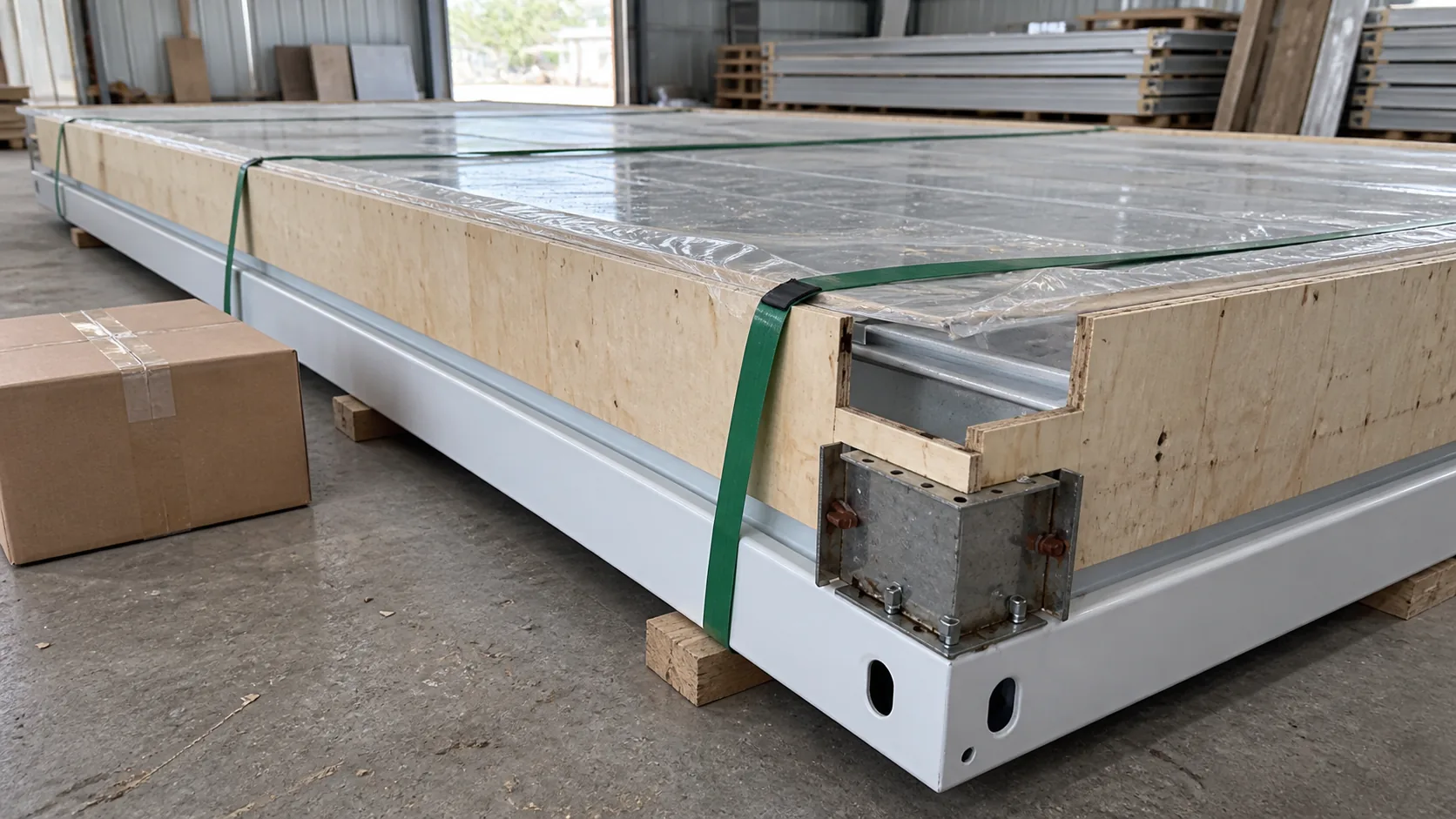 Illustrative flat-pack bundle with plywood edge guards and protective wrapping