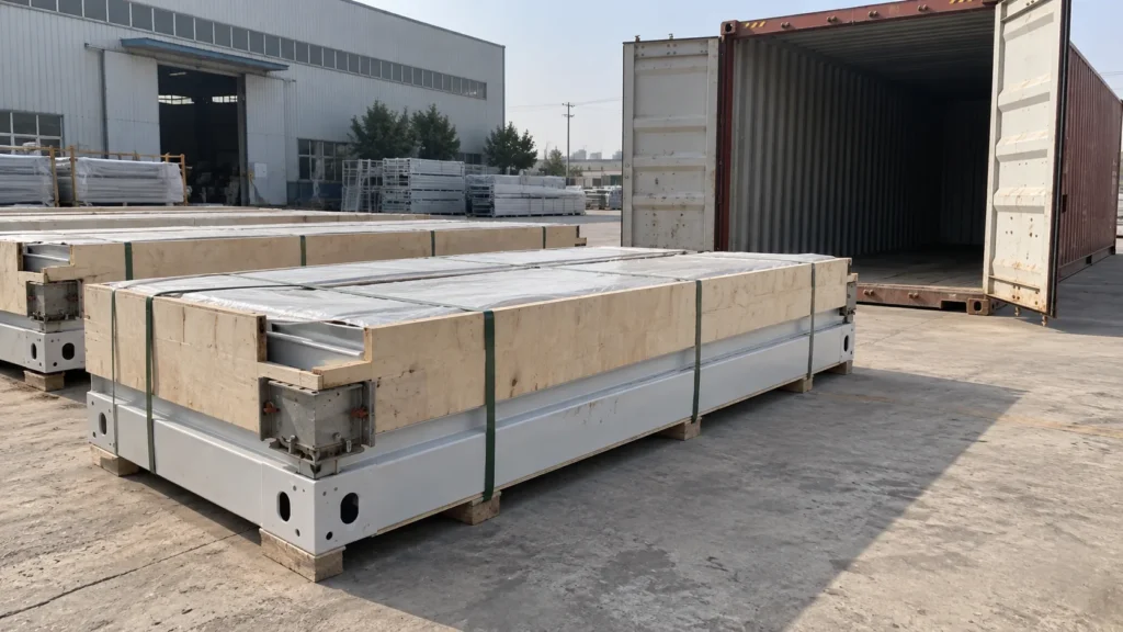 Illustrative protected flat-pack building bundles staged beside an open freight container