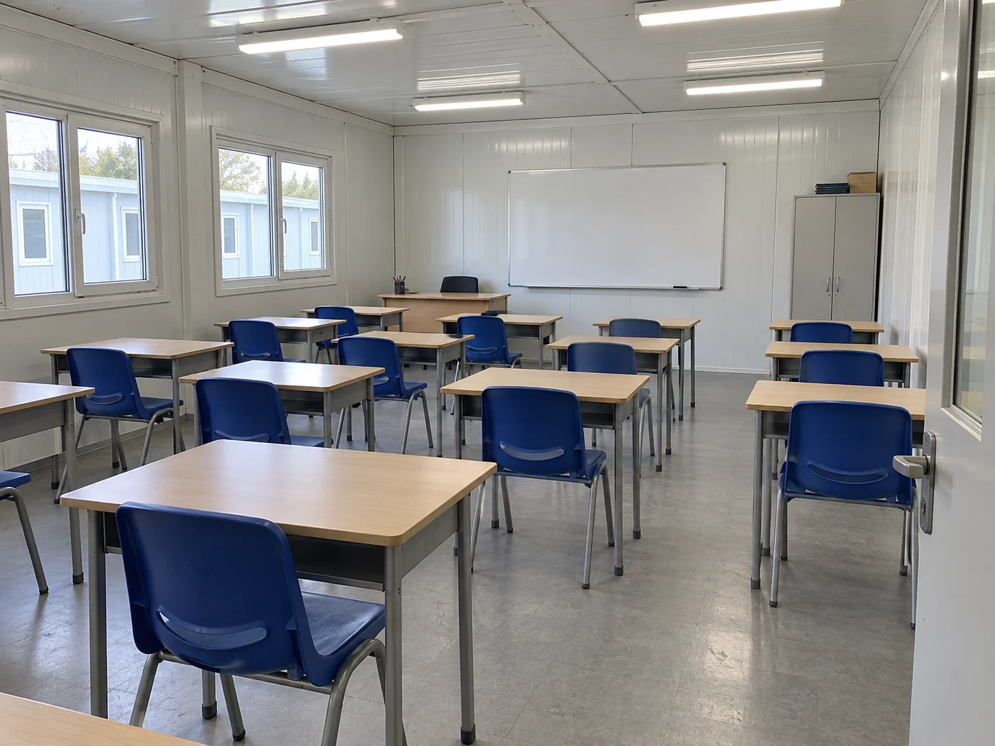 Modular teaching room with desks facing a whiteboard