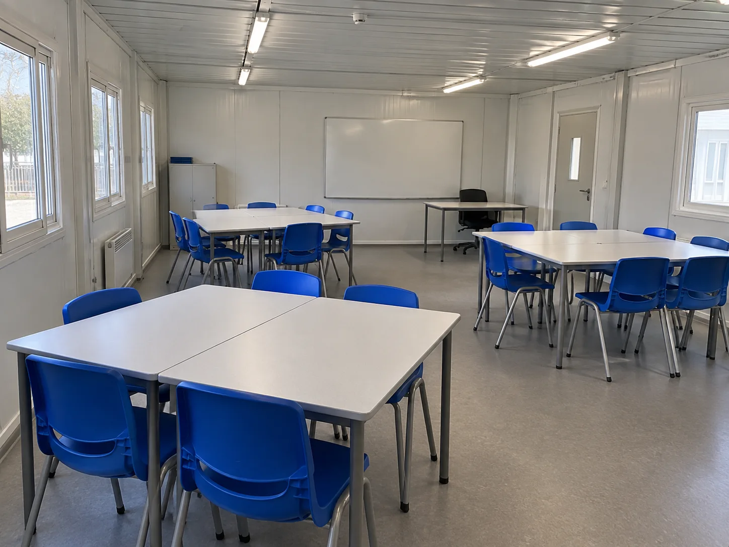 Small-group desk arrangement inside a modular classroom
