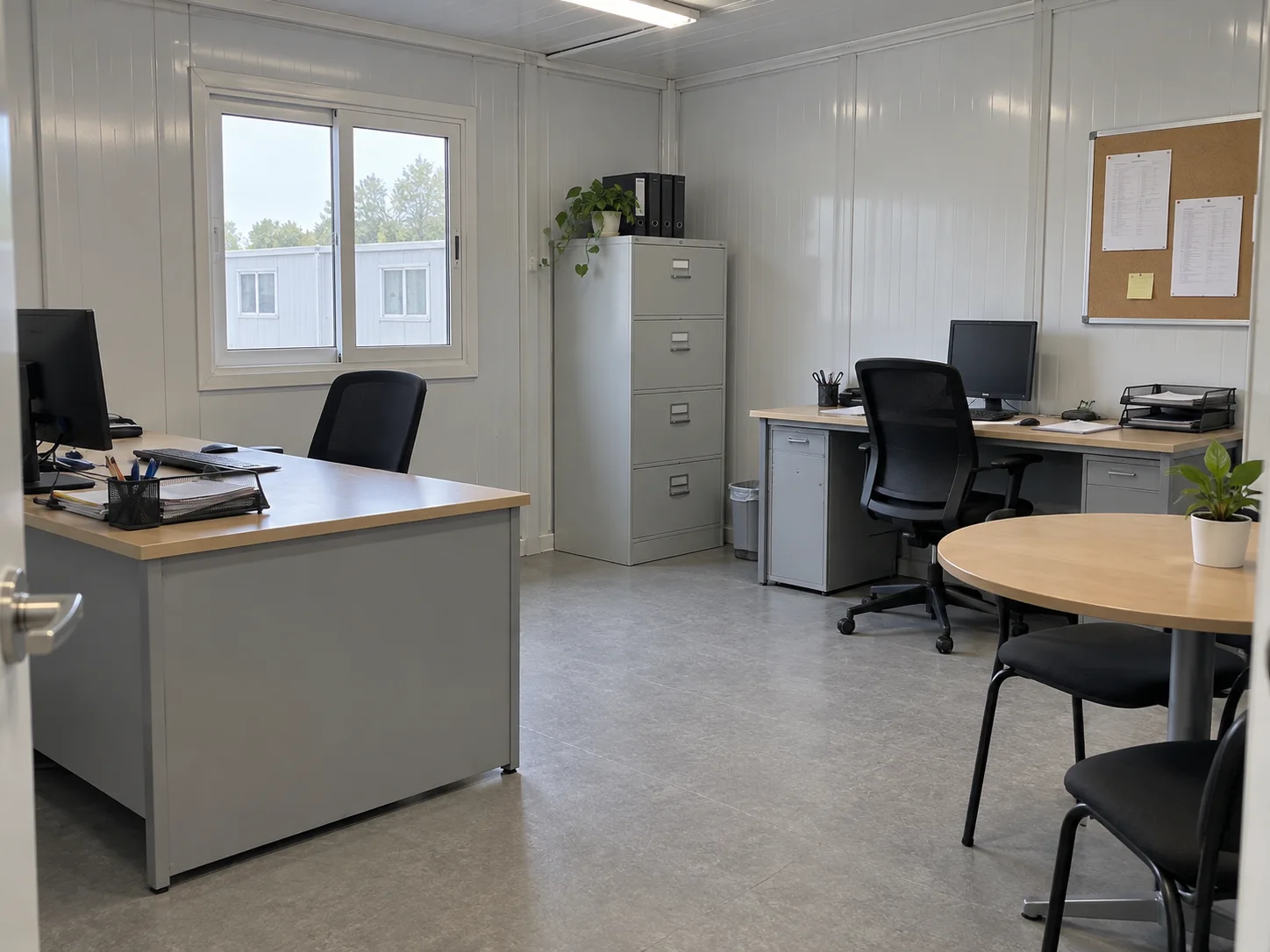 Teacher office with practical desks, filing cabinet and visitor table