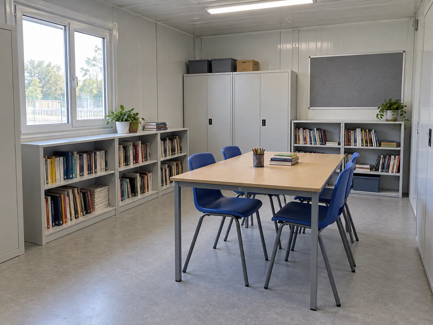School resource room with shelves, cabinets and a work table